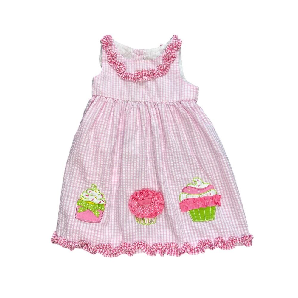 Emily Rose 2T Girls Pink Seersucker Gingham Cupcake Applique Dress Ruffle Party